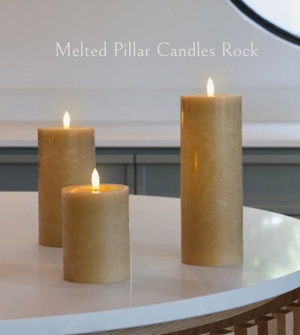 MM LED pillar candle, Rock, Melted, Honey Mustard 74x200mm