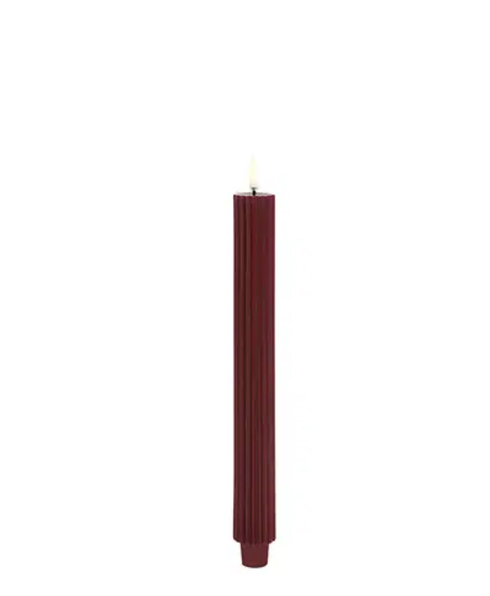 LED taper candle grooved, Wine red, 2-pack